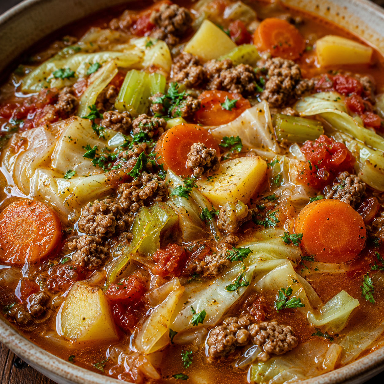 Cabbage and ground beef soup with carrots, potatoes, and parsley