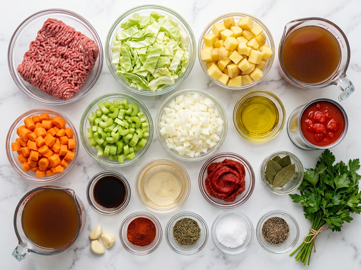 Raw cabbage beef soup ingredients with potatoes, carrots, tomatoes, and herbs