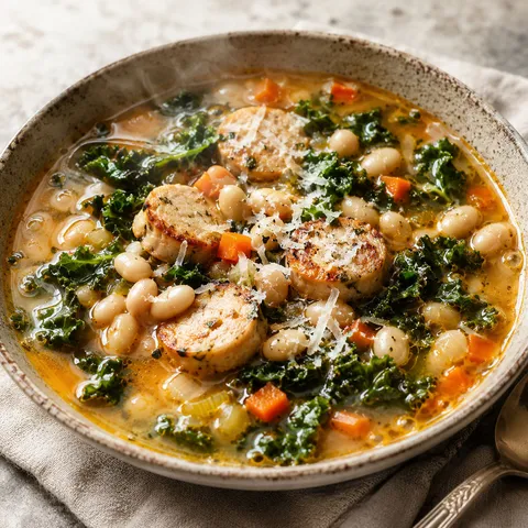 Chicken sausage soup with white beans, kale, carrots, and Parmesan