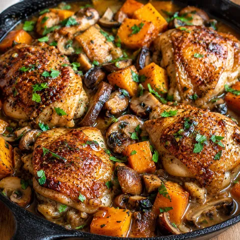 Braised chicken thighs with pumpkin and mushrooms in a savory sauce