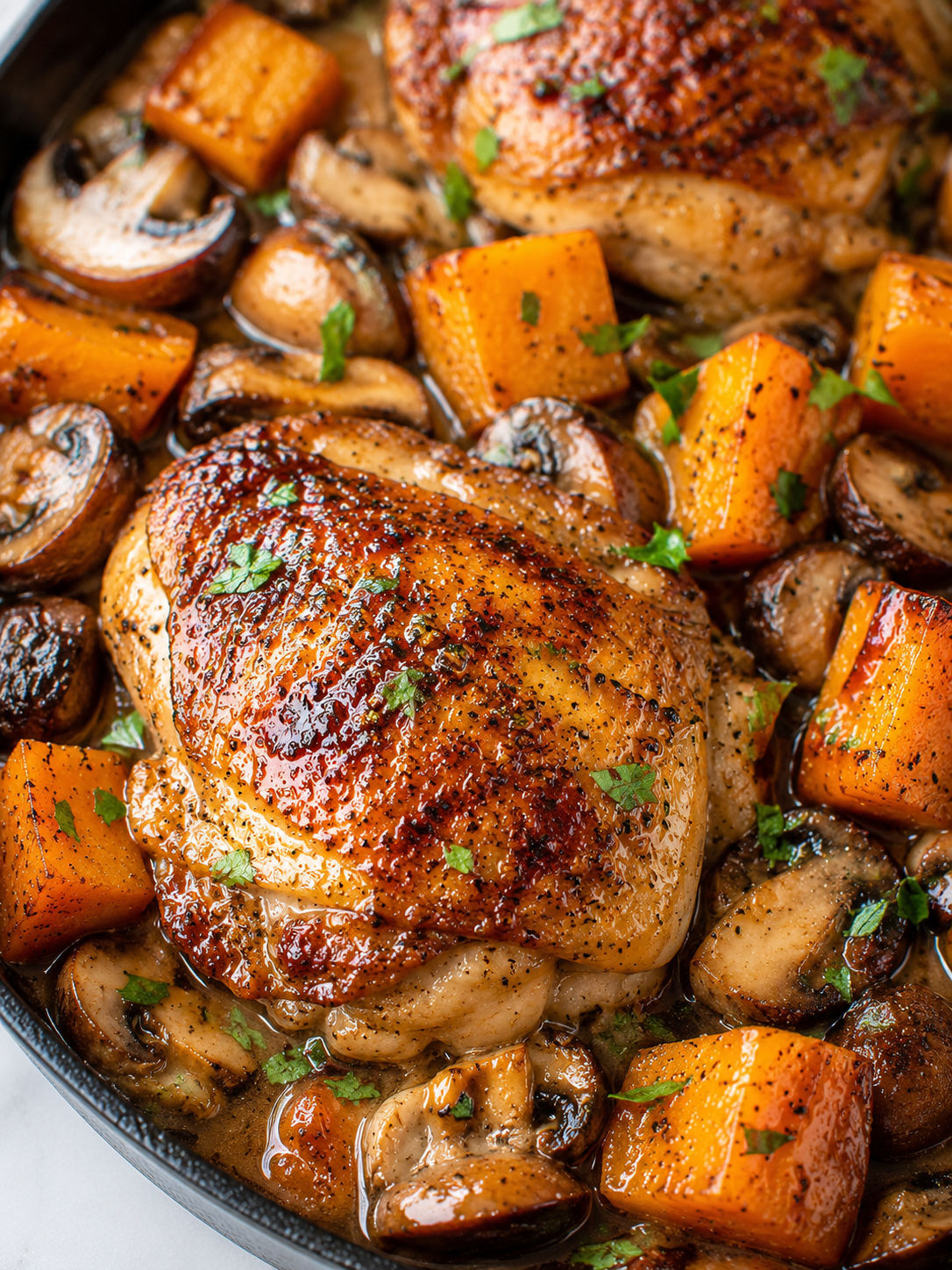 Hearty Chicken with Pumpkin and Mushrooms, plated and served