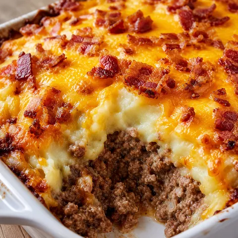 Hearty cowboy meatloaf and potato casserole with melted cheese and bacon