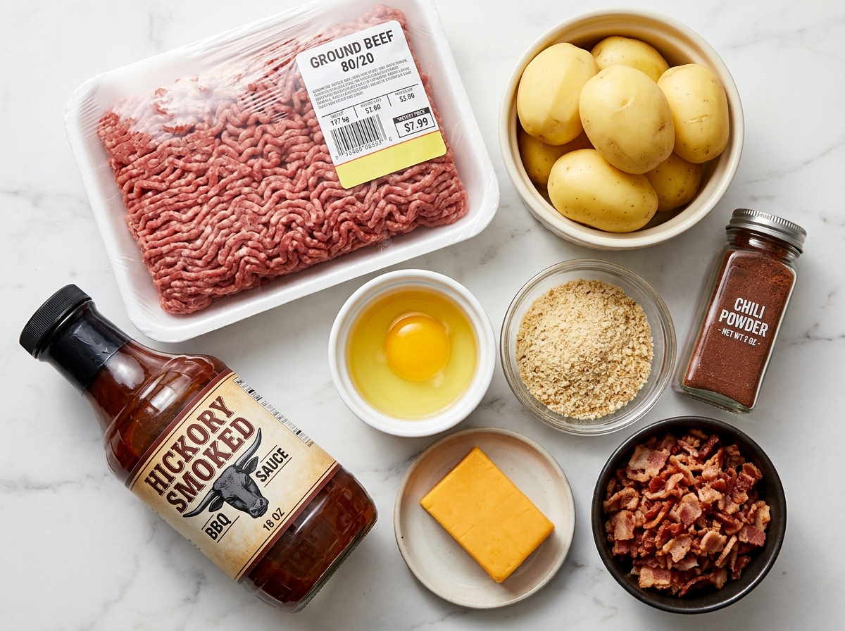 Raw ingredients for cowboy meatloaf and potato casserole on a wooden board