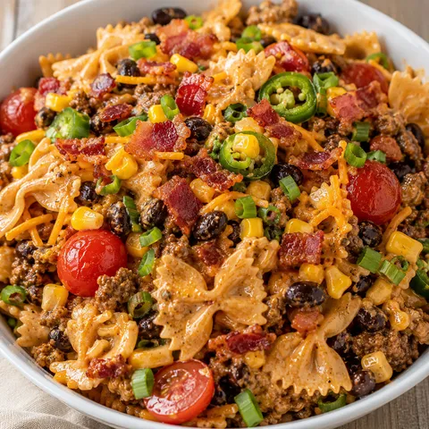 Hearty cowboy pasta salad with beef, bacon, beans, corn, and cheddar