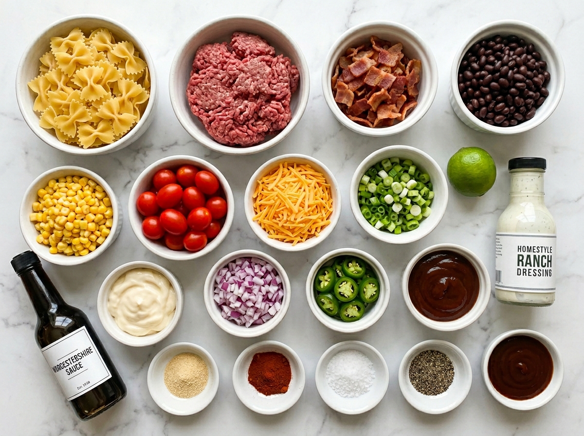 Ingredients for cowboy pasta salad with pasta, beef, bacon, beans, and corn