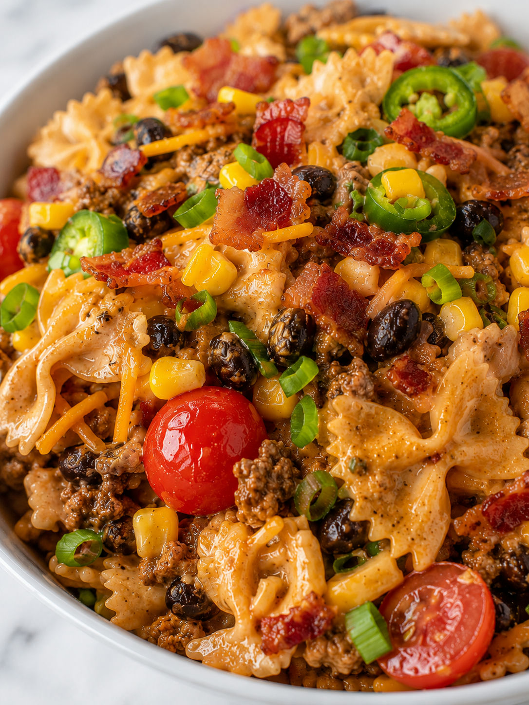 Hearty Cowboy Pasta Salad, plated and served