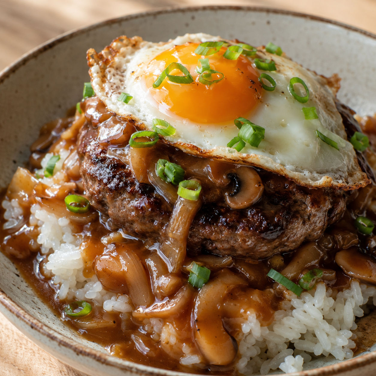 Hawaiian loco moco with beef patty, gravy, fried egg, and green onions