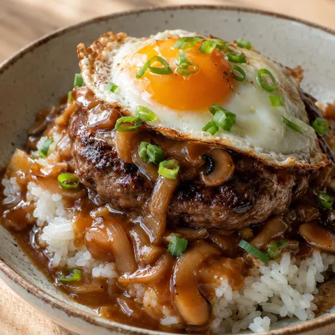 Hawaiian loco moco with beef patty, gravy, fried egg, and green onions