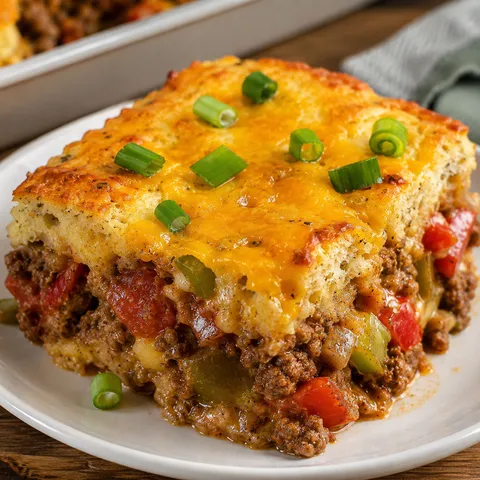 John Wayne casserole slice with beef, peppers, tomatoes, and melted cheese
