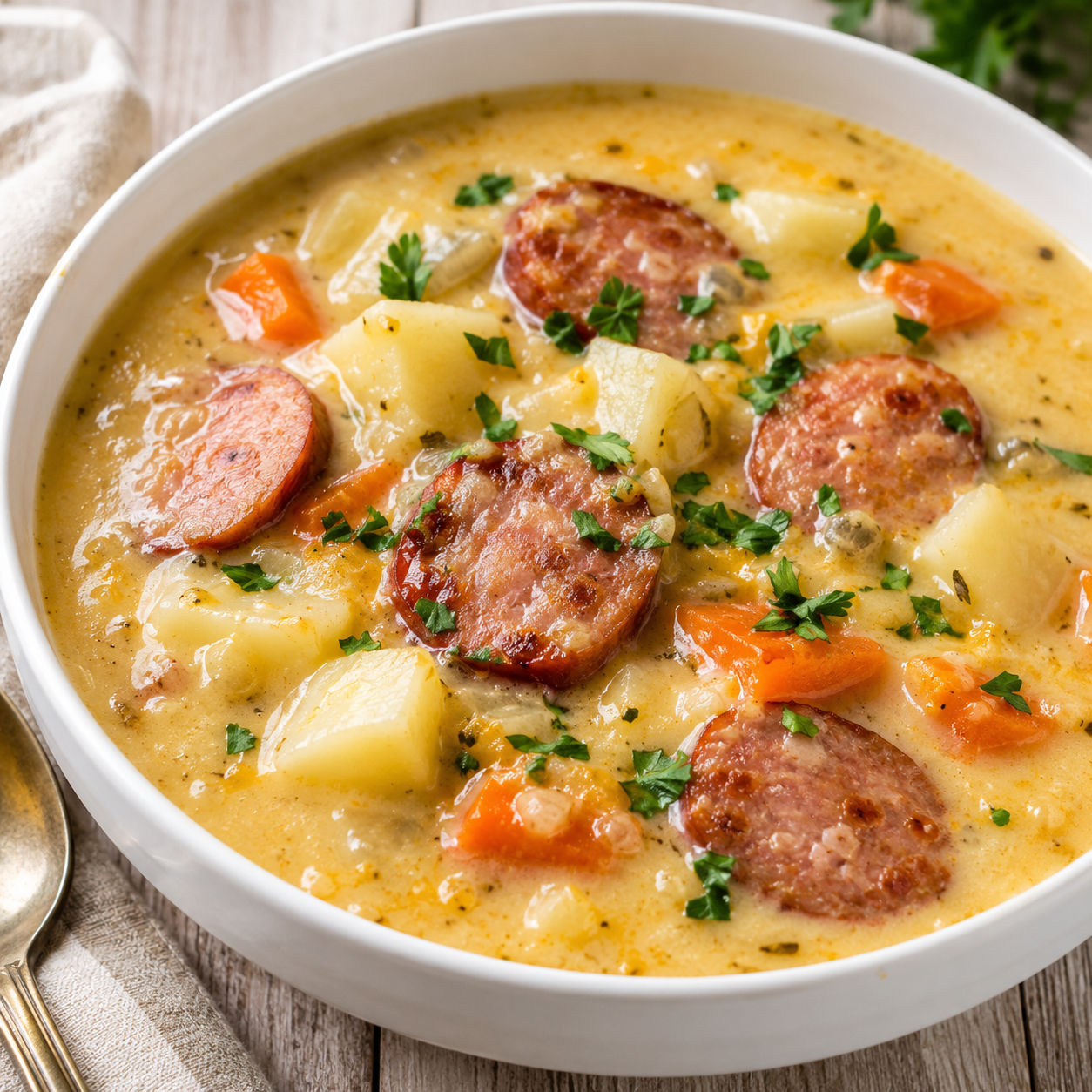 Creamy kielbasa potato soup with cheddar, parsley, and browned sausage
