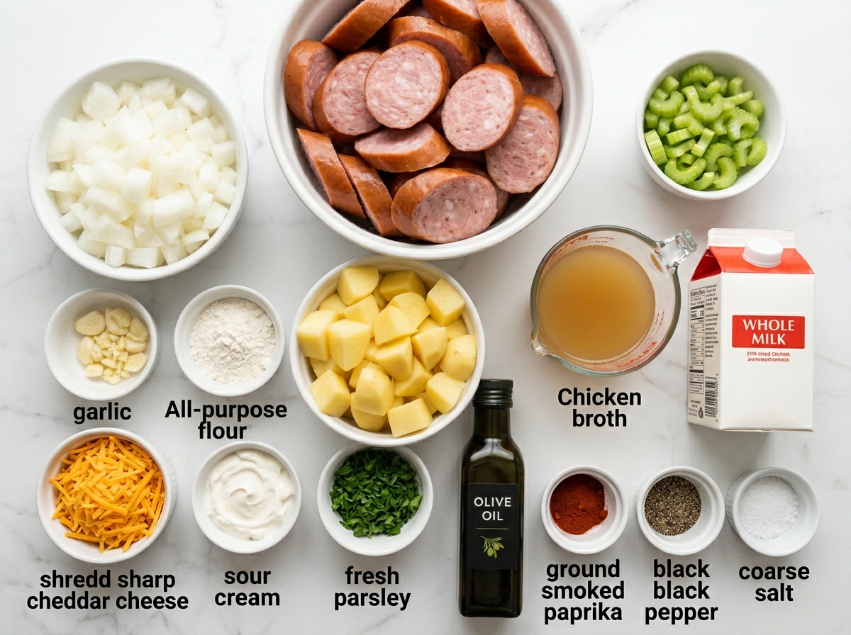 Ingredients for kielbasa potato soup with sausage, potatoes, cheddar, and milk