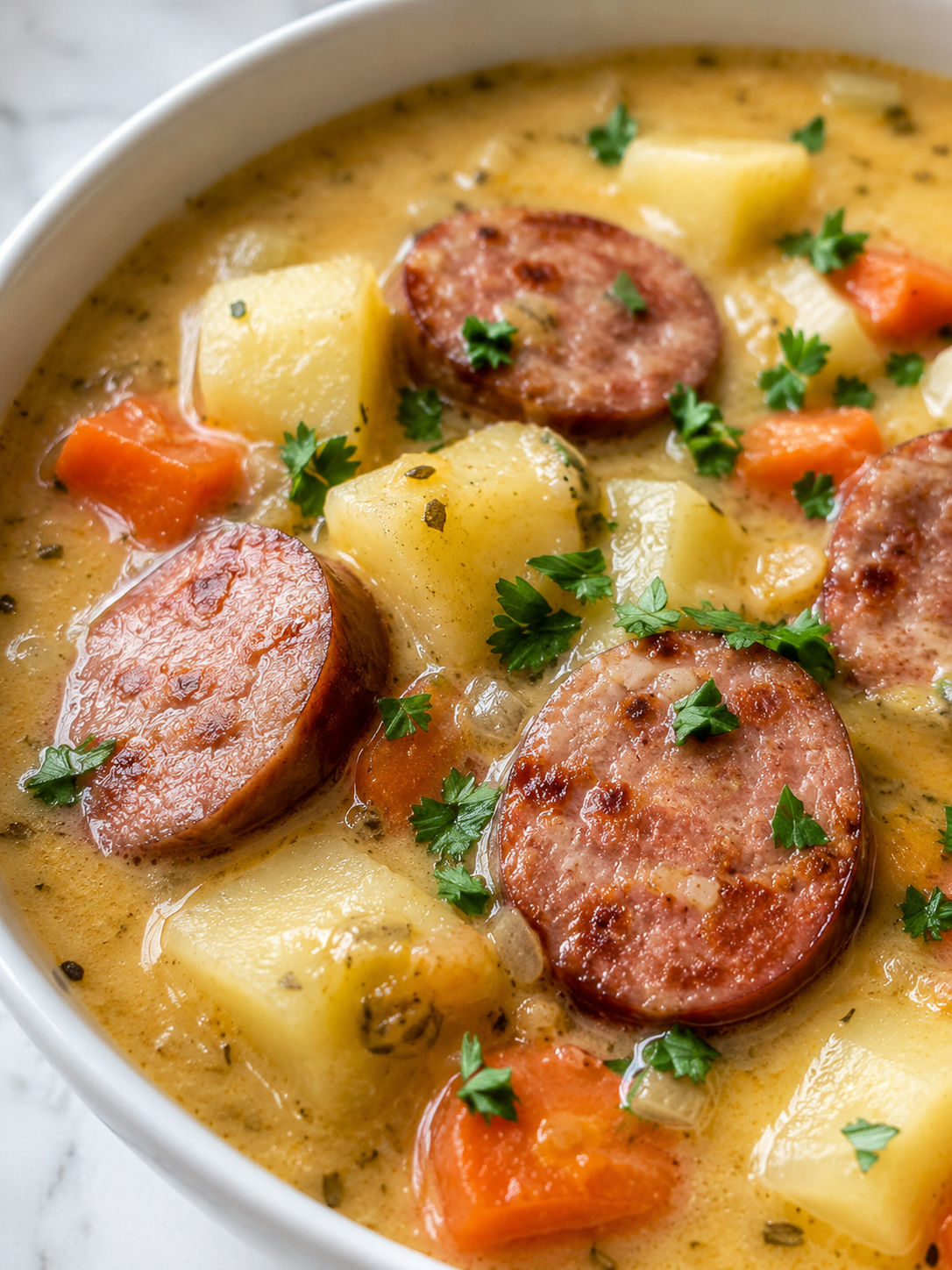 Hearty Kielbasa Potato Soup, plated and served