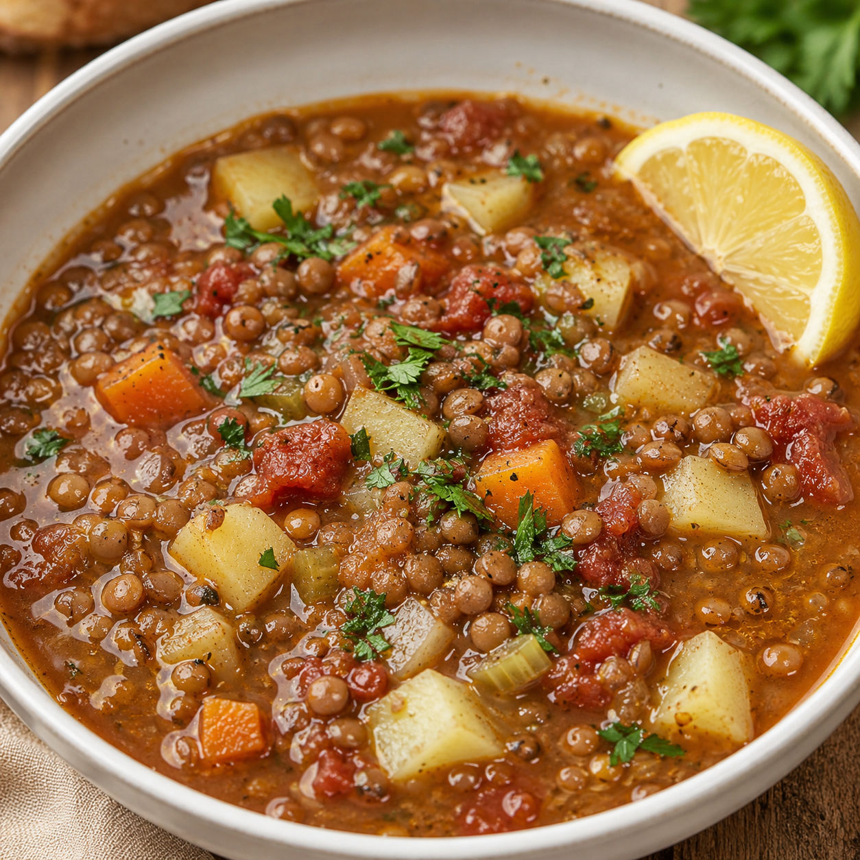 Hearty lentil potato soup with parsley and lemon in a white bowl