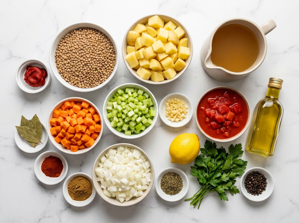 Raw lentils, potatoes, vegetables, herbs, and lemon for soup