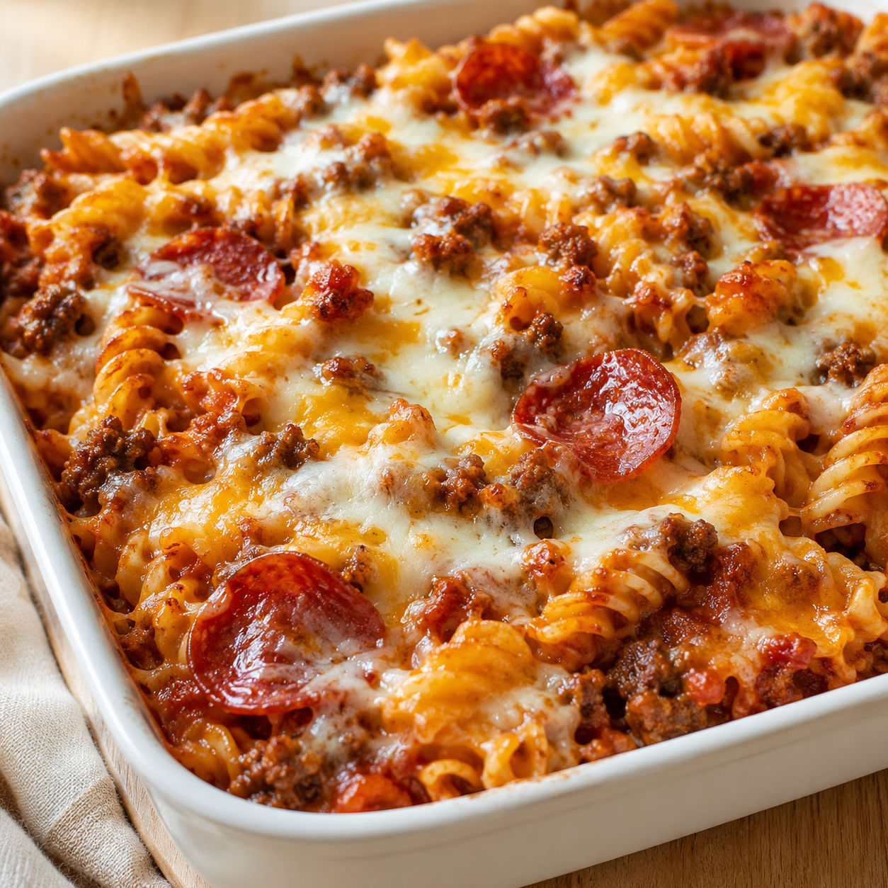 Hearty meat lovers casserole bake with melted cheese and pepperoni in a white dish