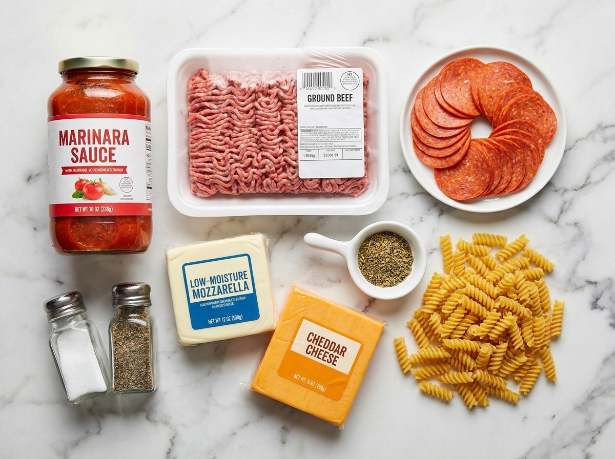 Raw ingredients for meat lovers casserole including rotini, ground beef, pepperoni, and cheeses