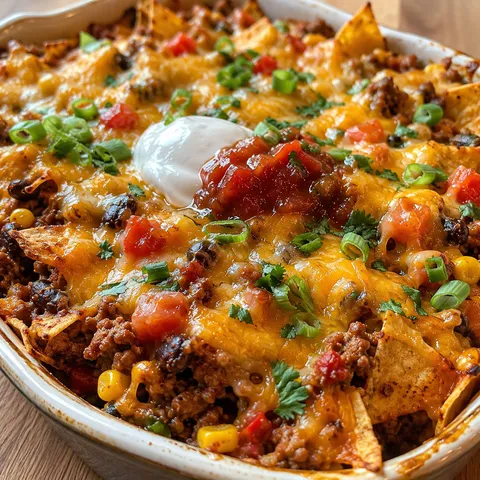 Mexican ground beef casserole with cheddar, sour cream, salsa, and cilantro