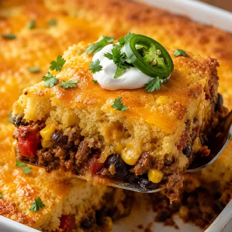 Mexican cornbread casserole square with beef, beans, cheese, and sour cream