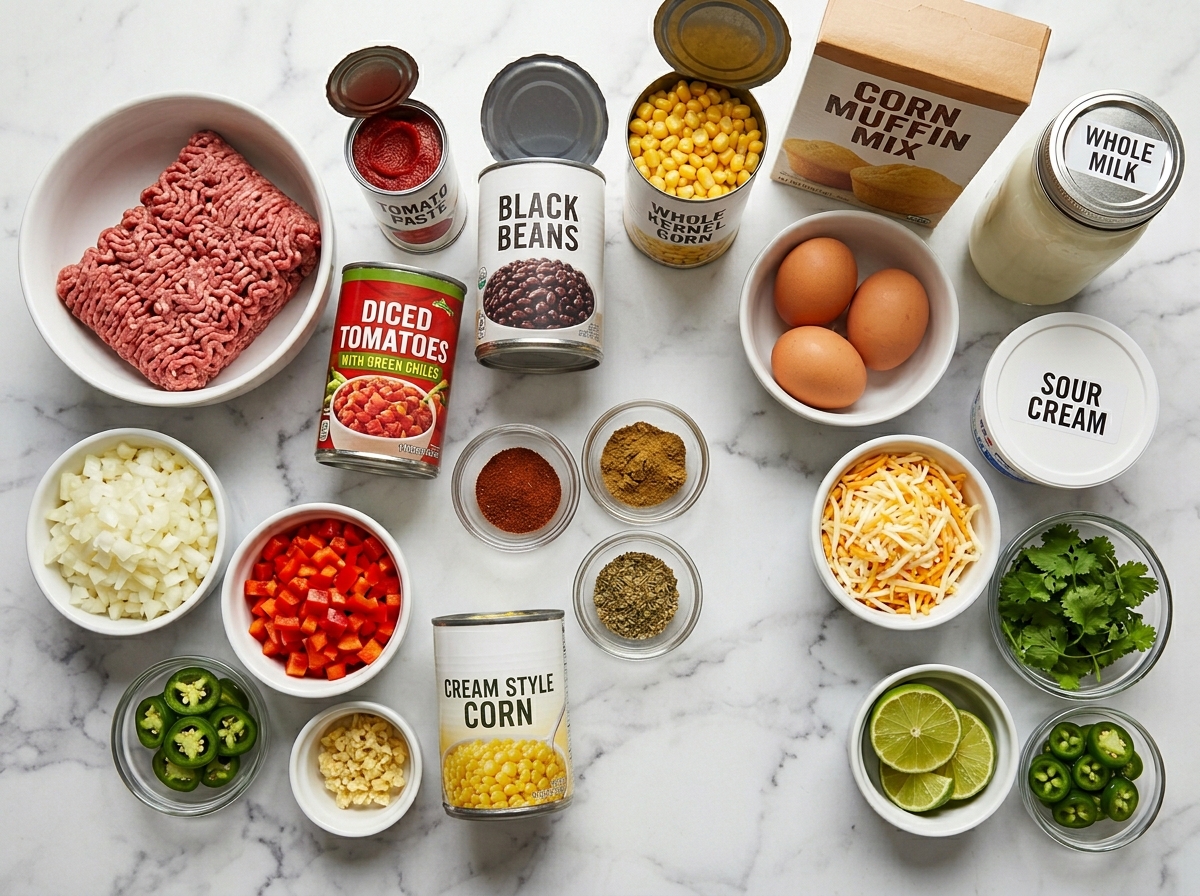 Ingredients for Mexican cornbread casserole with beef, beans, corn, and cheese