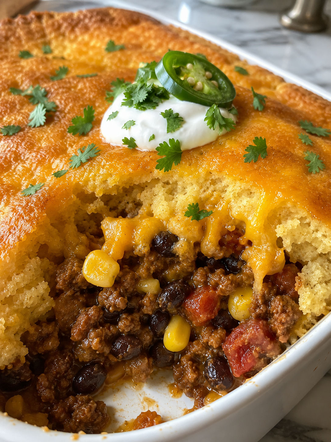 Hearty Mexican Cornbread Casserole, plated and served