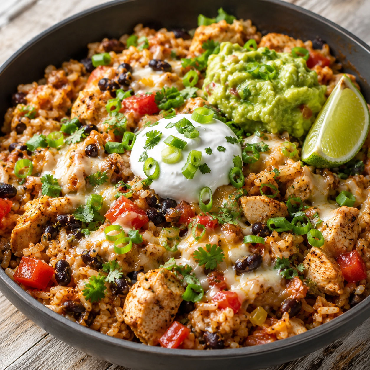Chicken burrito bowl with beans, rice, cheese, guacamole, and lime