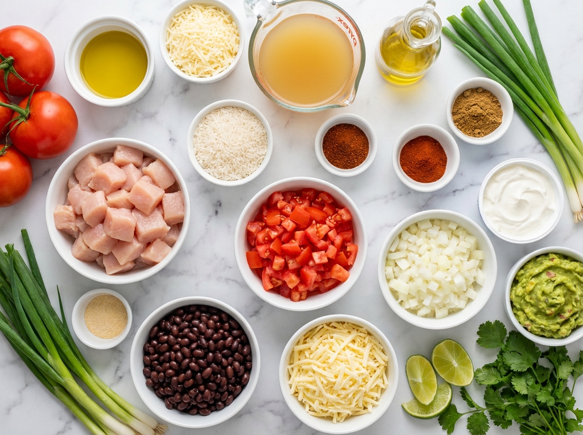 Ingredients for chicken burrito bowl with rice, beans, cheese, and toppings