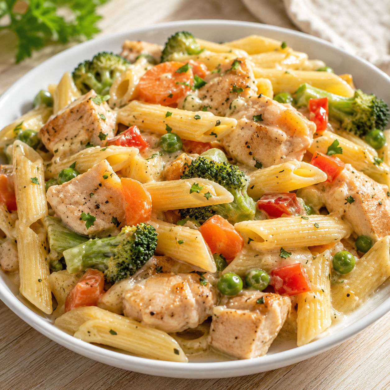 Creamy one-pot chicken pasta with vegetables and parsley