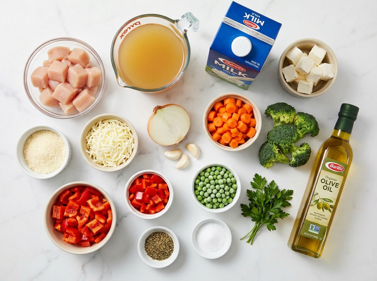 Ingredients for creamy chicken pasta with vegetables on a wooden surface
