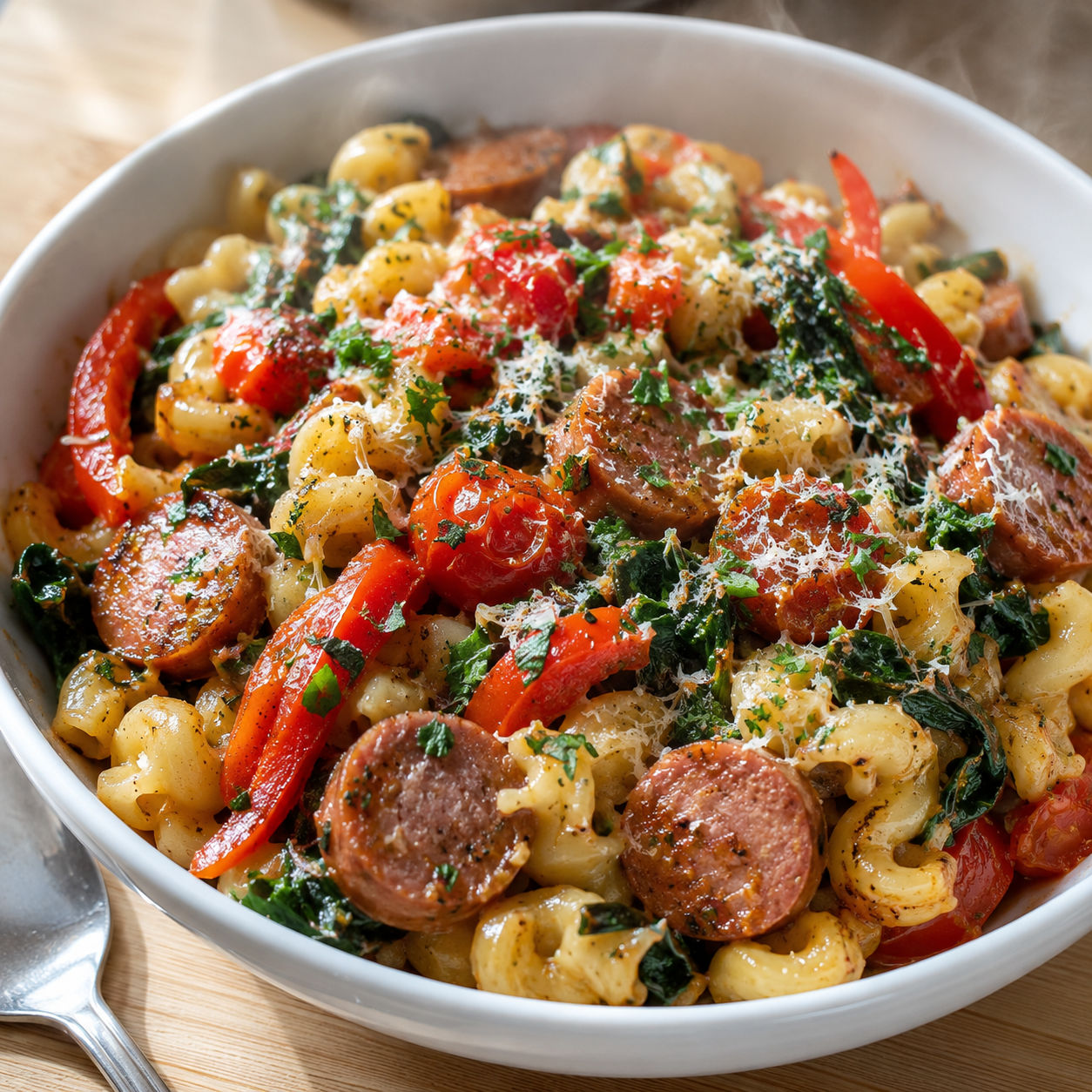 Kielbasa pasta with peppers, tomatoes, spinach, and Parmesan in a bowl