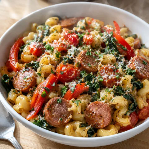 Kielbasa pasta with peppers, tomatoes, spinach, and Parmesan in a bowl