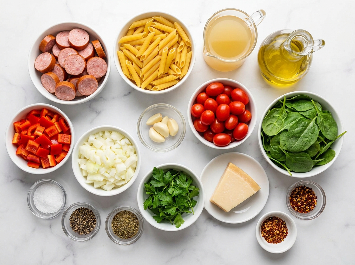 Ingredients for kielbasa pasta with vegetables on a kitchen surface