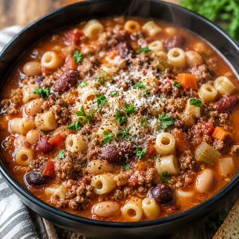 Hearty pasta e fagioli soup in a ceramic bowl topped with parmesan and parsley