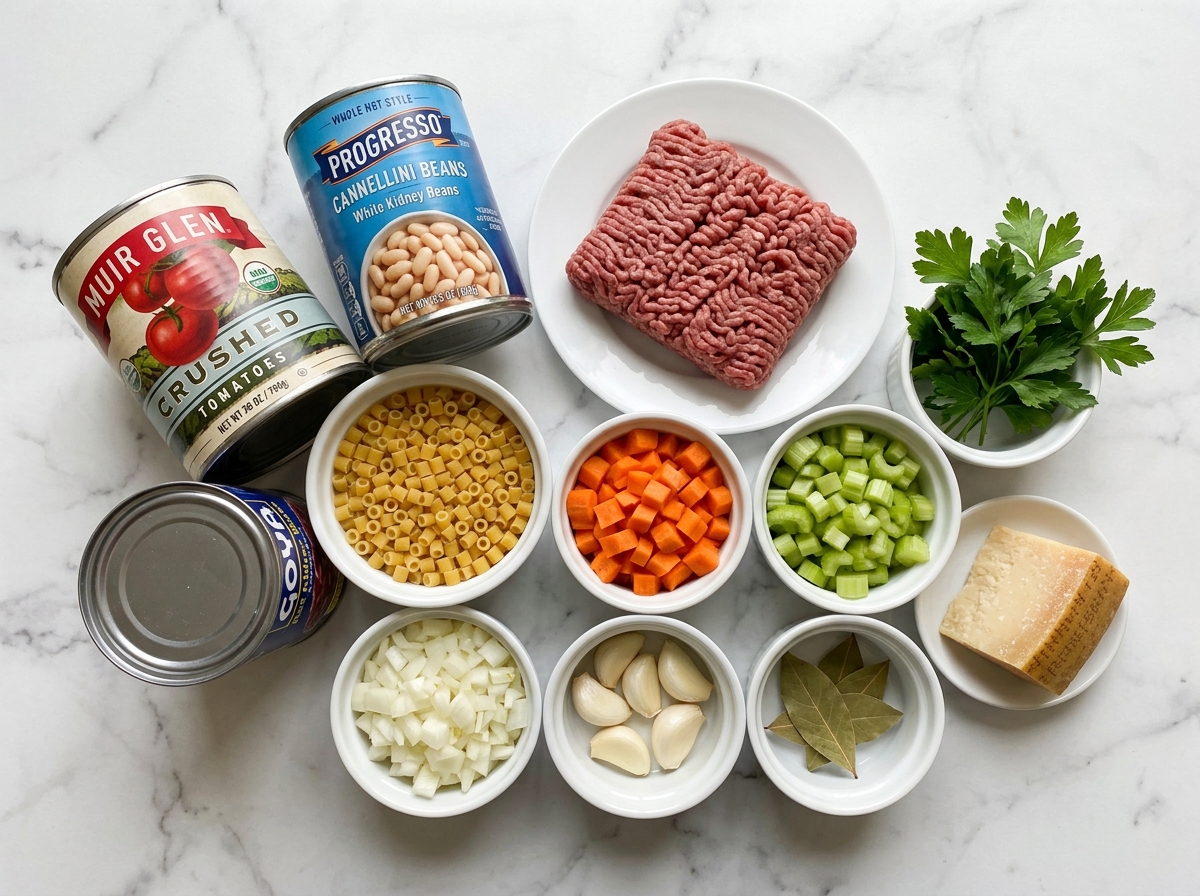 Raw ingredients for pasta e fagioli soup arranged on a wooden surface
