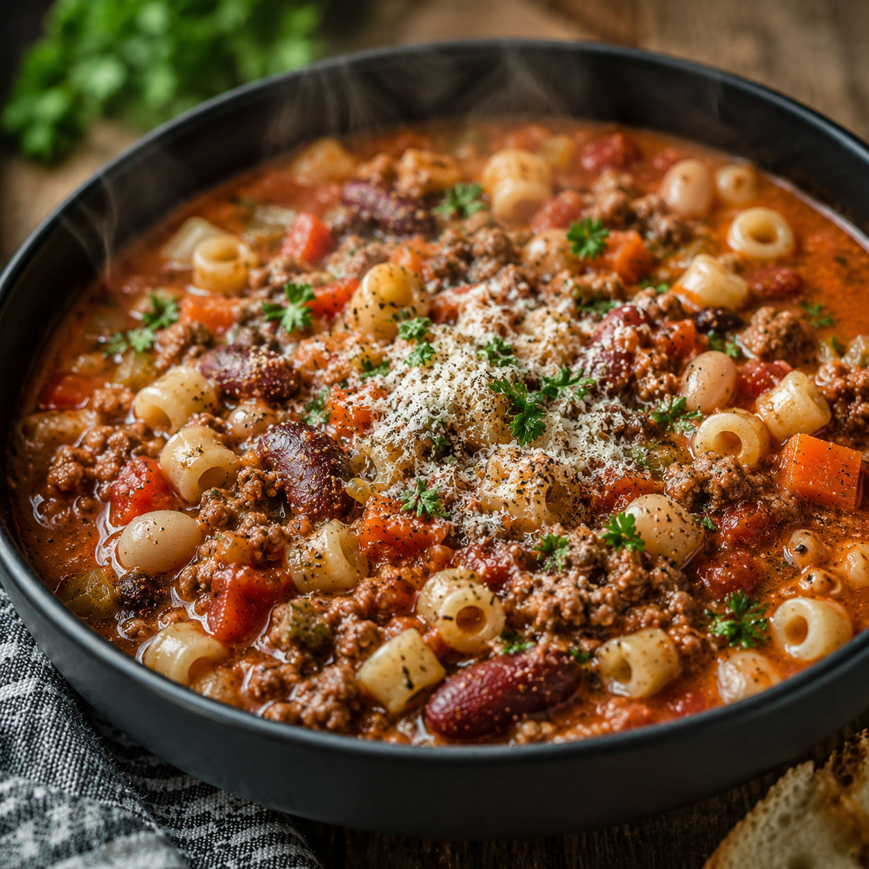 Hearty Slow Cooker Pasta e Fagioli Soup, plated and served
