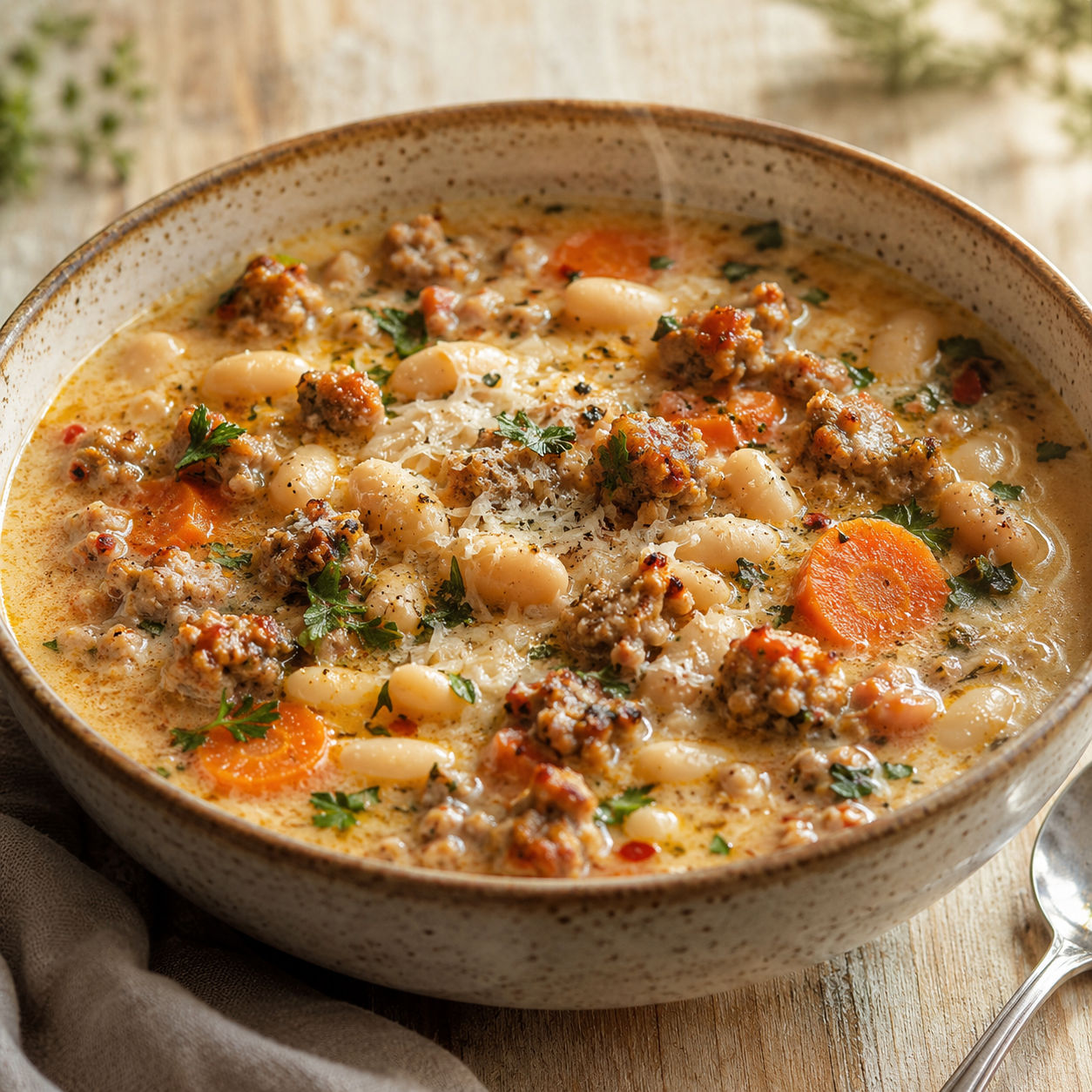 Creamy Italian sausage soup with cannellini beans, carrots, thyme, and parmesan