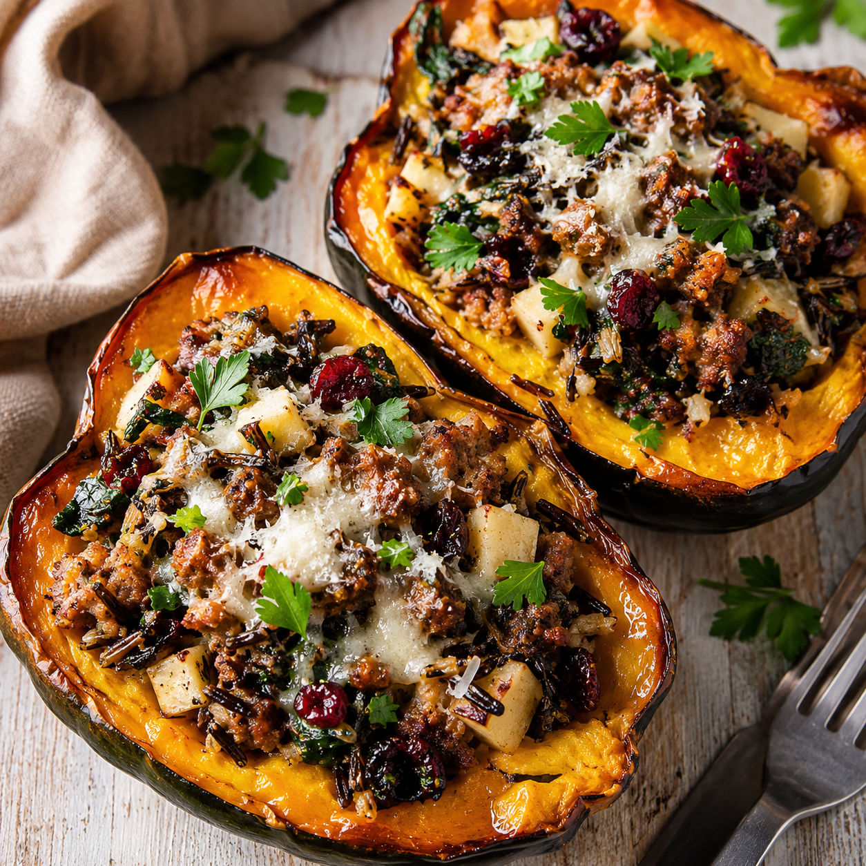 Stuffed baked acorn squash with sausage, wild rice, cranberries, and herbs