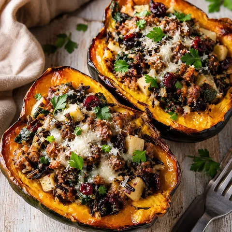 Stuffed baked acorn squash with sausage, wild rice, cranberries, and herbs