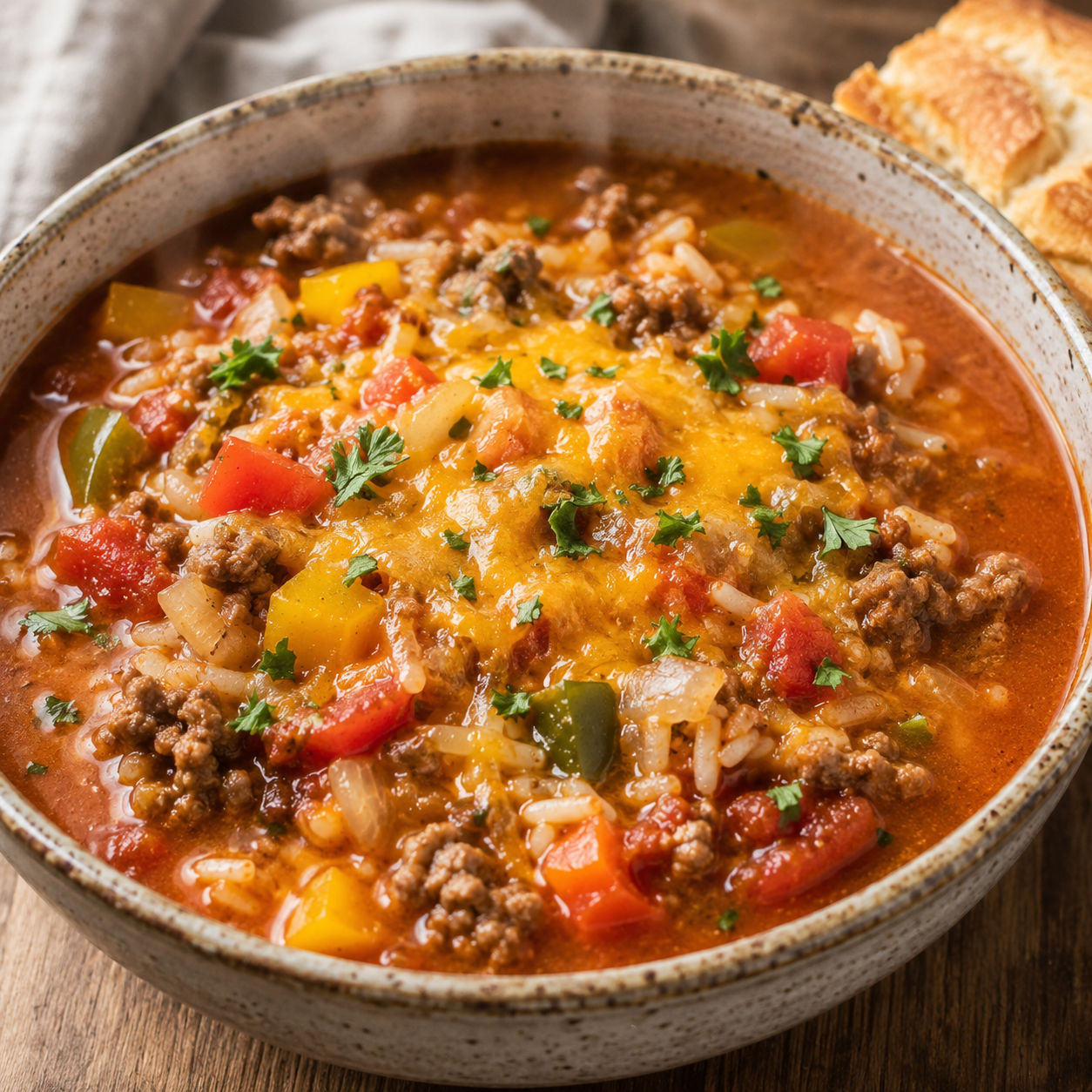 Hearty stuffed pepper soup with ground beef, rice, and melted cheddar in a rustic bowl