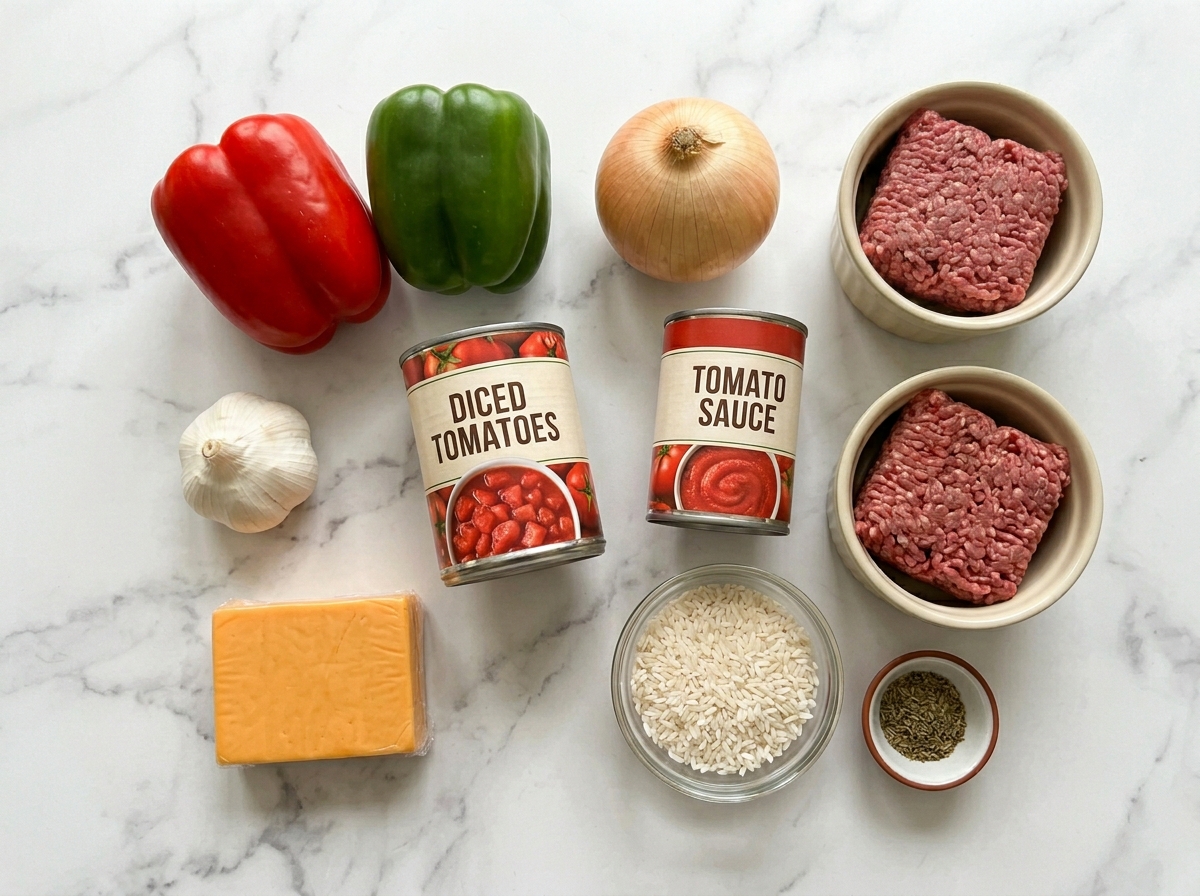 Raw ingredients for stuffed pepper soup on a wooden counter