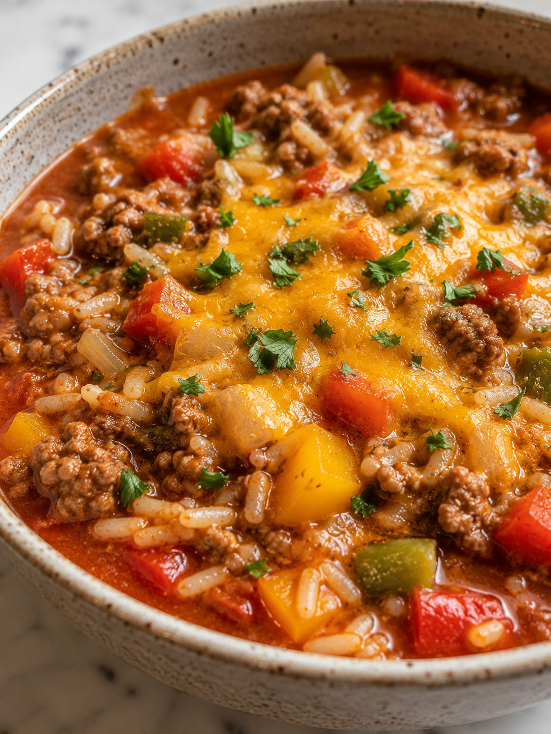Hearty Stuffed Pepper Soup, plated and served
