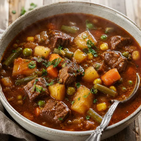 Vegetable beef soup with potatoes, carrots, herbs, and tender beef