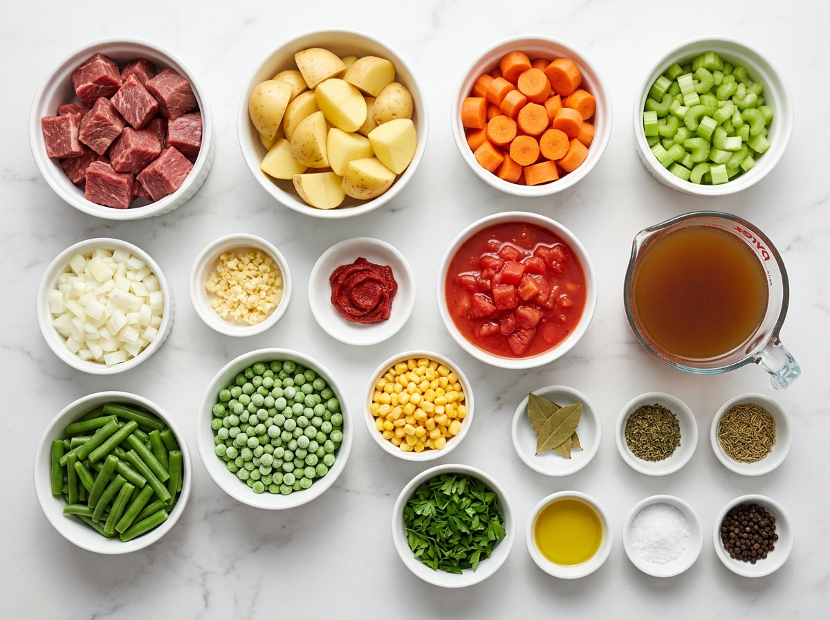 Beef soup ingredients with potatoes, vegetables, herbs, and broth