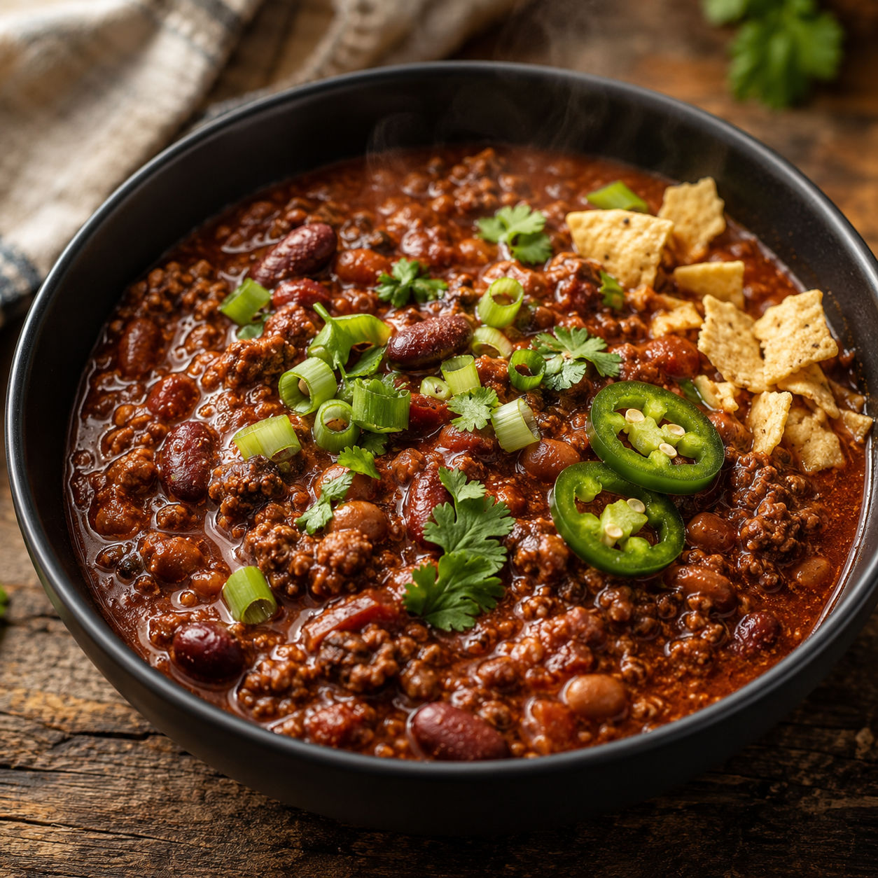 Venison chili with beans, scallions, cilantro, and jalapeno in a dark bowl