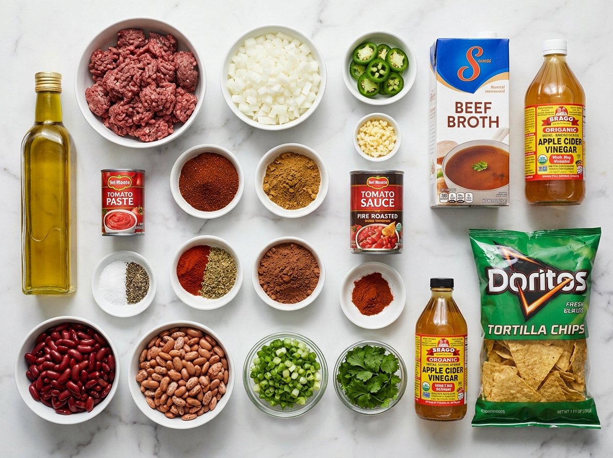 Raw ingredients for venison chili with beans, tomatoes, spices, and herbs