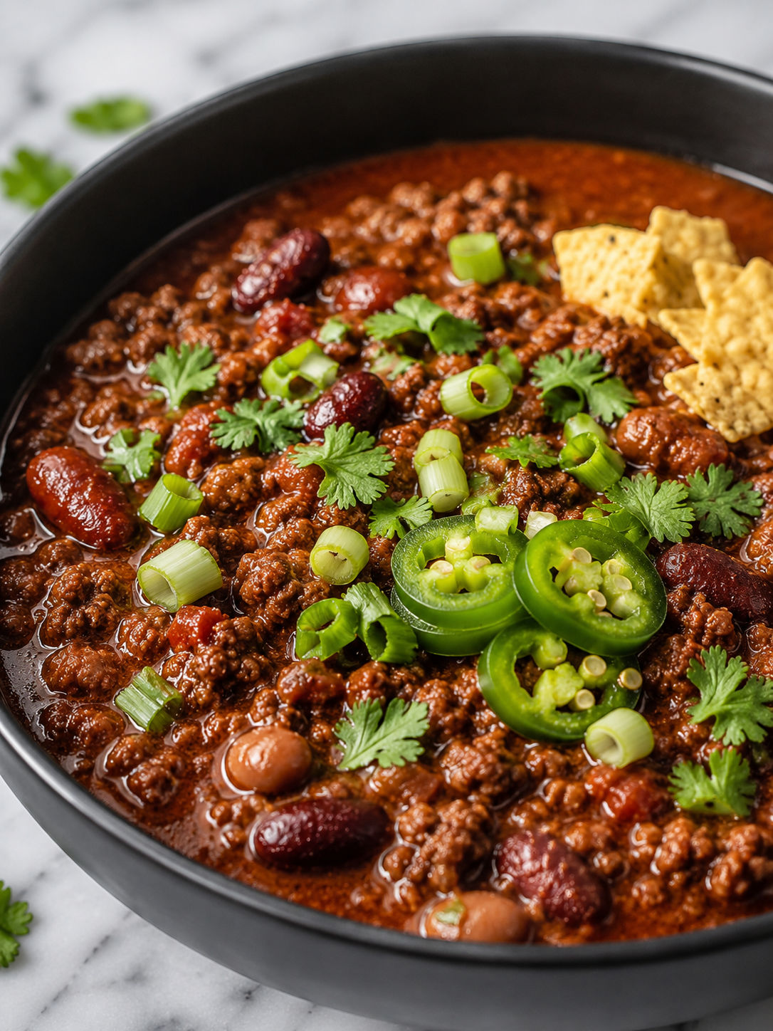 Hearty Venison Chili, plated and served