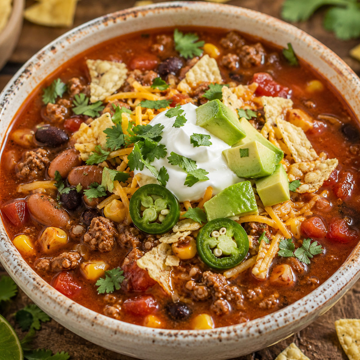 Taco soup with beef, beans, corn, cheese, sour cream, and tortilla chips