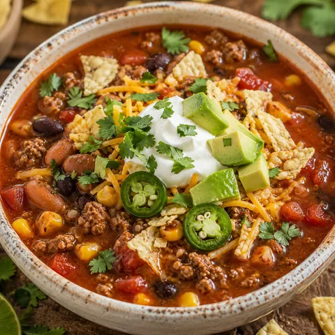 Taco soup with beef, beans, corn, cheese, sour cream, and tortilla chips