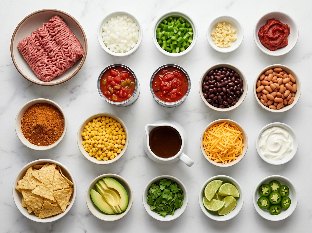 Ingredients for taco soup with beef, beans, corn, tomatoes, and toppings