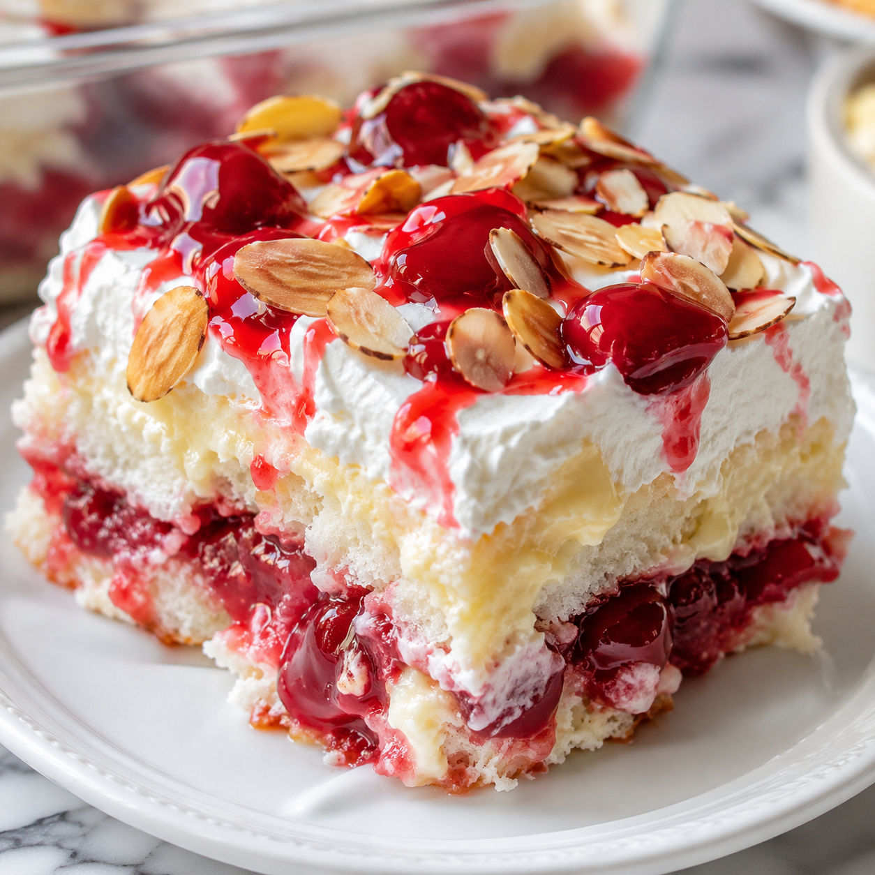 Heaven on earth cake with cherry pudding and toasted almonds