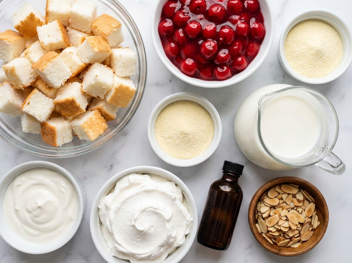 Ingredients for cherry pudding heaven on earth cake on a marble counter